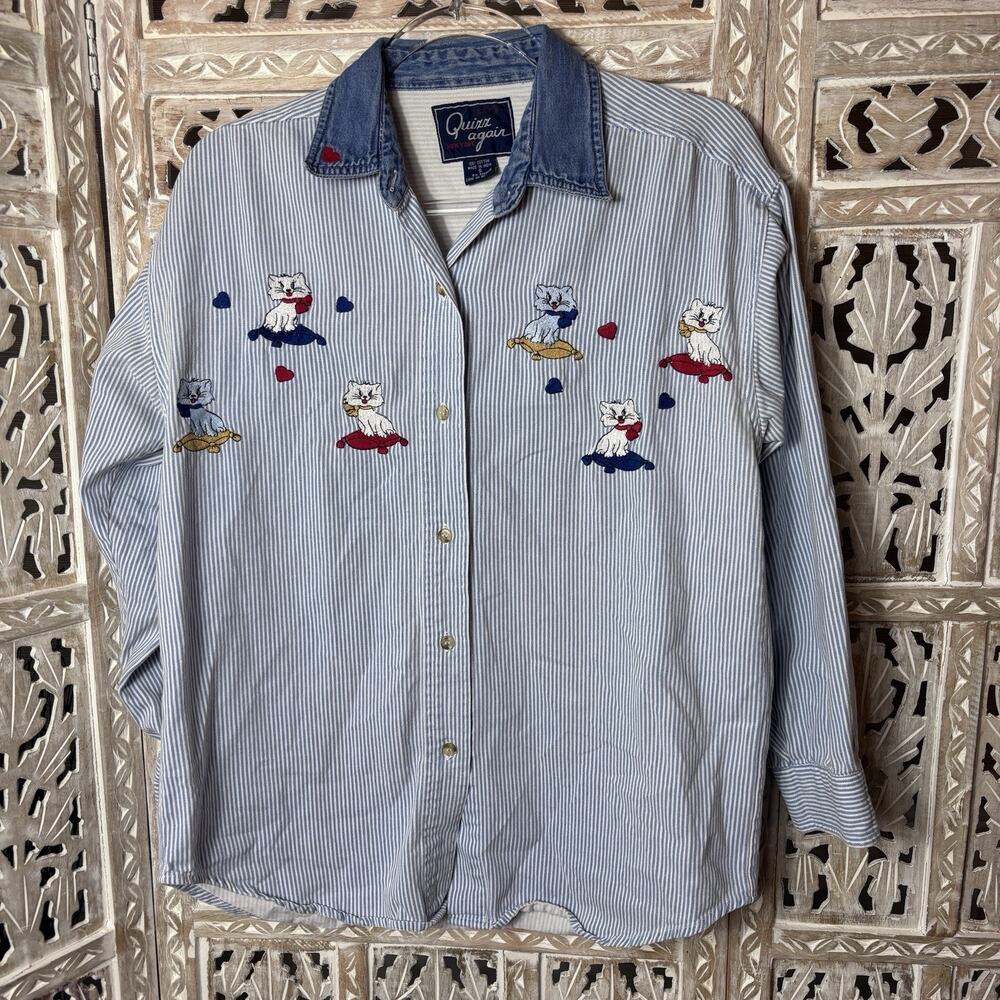 Quizz Again Striped Button Up Shirt Embroidered Cats Streetwear Size S Vintage